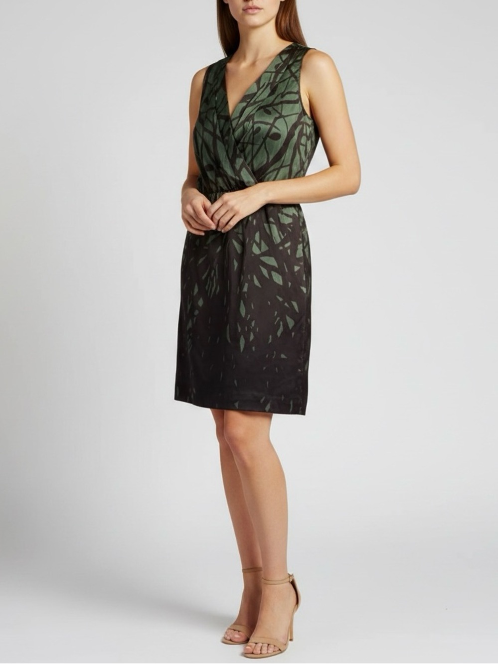 The Limited Sleeveless Faux Wrap Leaf Print Dress Green Black Size S